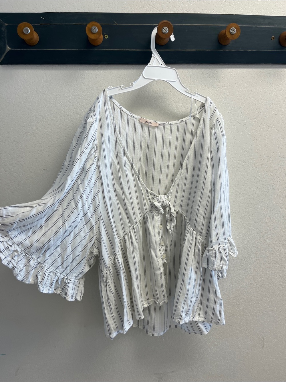 miami White and Blue Stripe Tie-Front Ruffle Sleeve Blouse